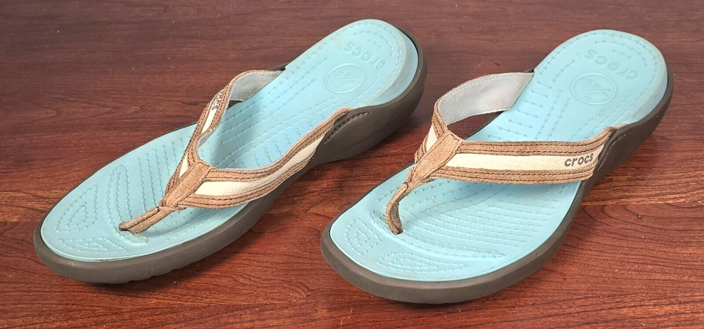 Crocs Sandals Womens Sz 10 Flip Flop Thong Brown Suede Toe Post Slip On Comfort